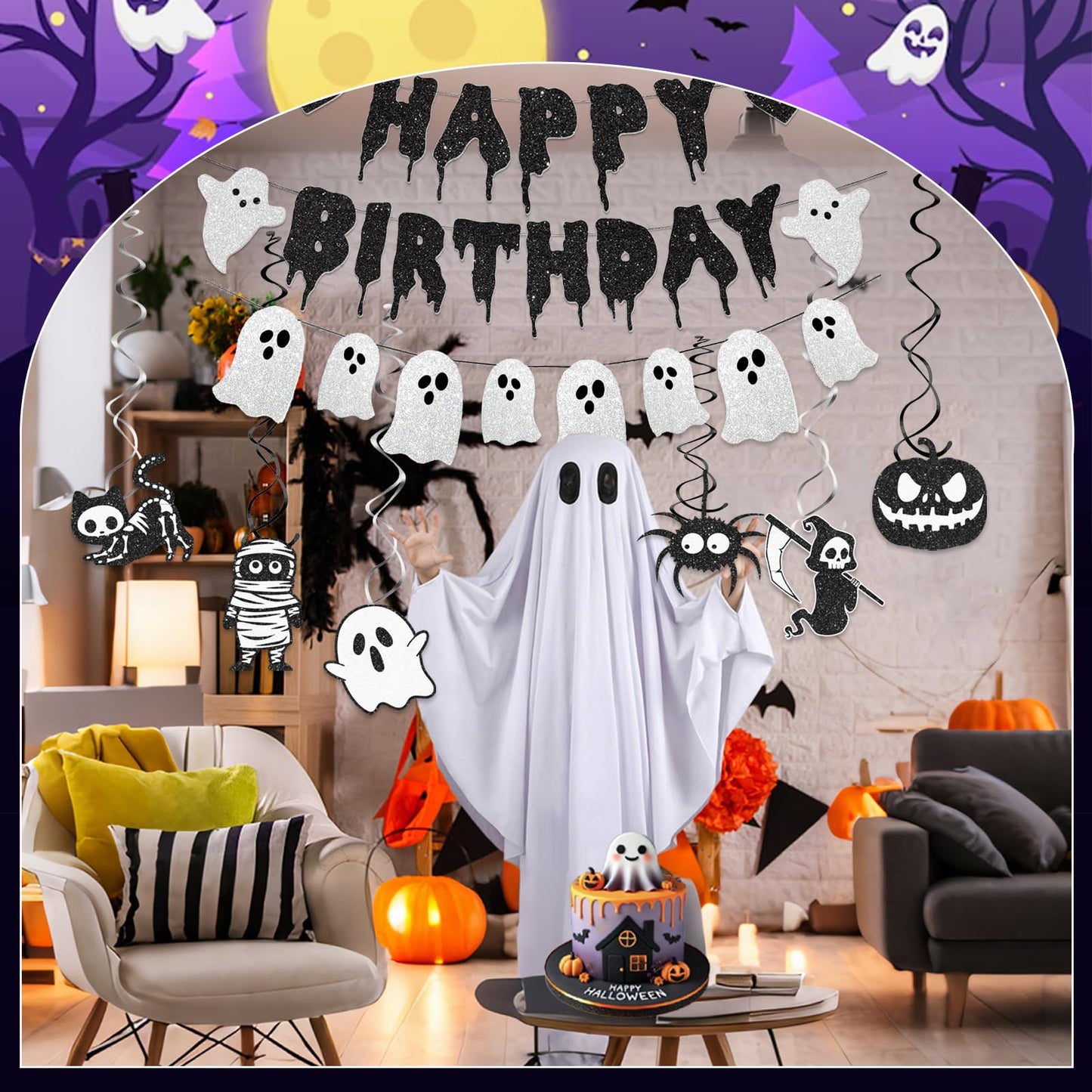 Black Glitter Halloween Birthday Banner White Ghost Garland Halloween Birthdays Party Decorations for Spooky Birthday Decorations Supplies