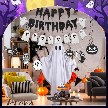 Black Glitter Halloween Birthday Banner White Ghost Garland Halloween Birthdays Party Decorations for Spooky Birthday Decorations Supplies