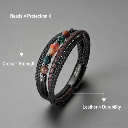 ICEINX Vintage Braided Leather Wrap Bracelet with Natural Indian Agate Stones, Religious Christian Jewelry Gift for Him（Agate Stones）