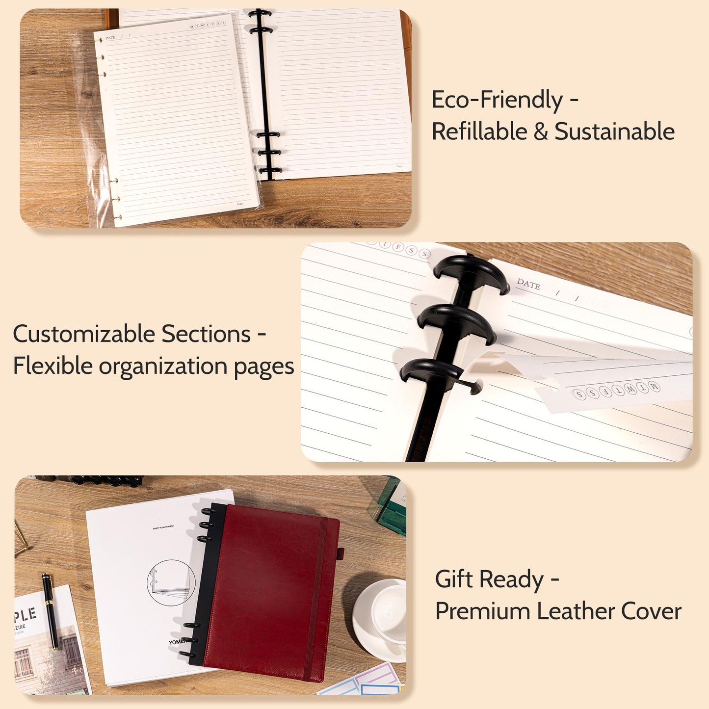 Yoment Refillable Notebooks for Work Discbound: Hardcover Notebook with 5 Subject Removable Dividers Tabs Colleged Ruled Large Journal for Writing Women Men 240 Pages,Dark Red