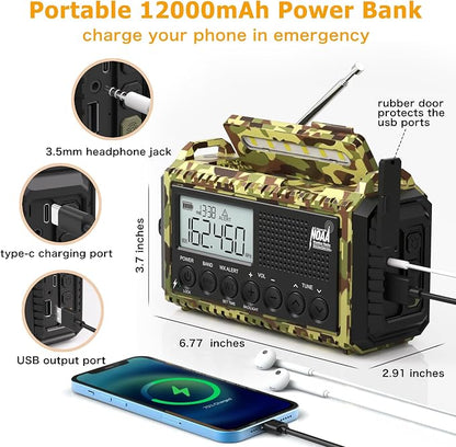 12000mAh/44400mWh Weather Radio, Hand Crank Emergency Radio Portable AM FM Shortwave, Solar Rechargeable Battery Powered Radio with NOAA Alert, USB-C Charger & Adapter, SOS Flashlight for Emergency