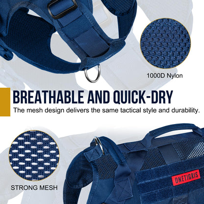 OneTigris Tactical Dog Harness for Small Medium Large Dogs, Mesh Design Service Dog Vest Breathable Military Dogs Molle Vests with Handles, Harness for Walking Hiking Training (Blue, L)