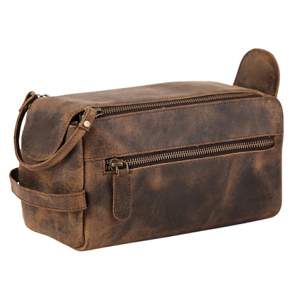 KomalC Premium Buffalo Leather Toiletry Bag for Men & Women – Leather Shaving Kit With Water resistant Lining, Premium Toiletry Travel Pouch, Unisex Wash Bag for Toiletries, Gifts for Men and Women