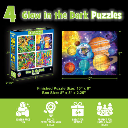 MasterPieces – Jigsaw Puzzle Set for Kids 6+ Years, 4-Pack of 100 Pieces, Educational and Fun Game, Blue Glow in The Dark Collection, Gift Idea for Children, 8" x 10