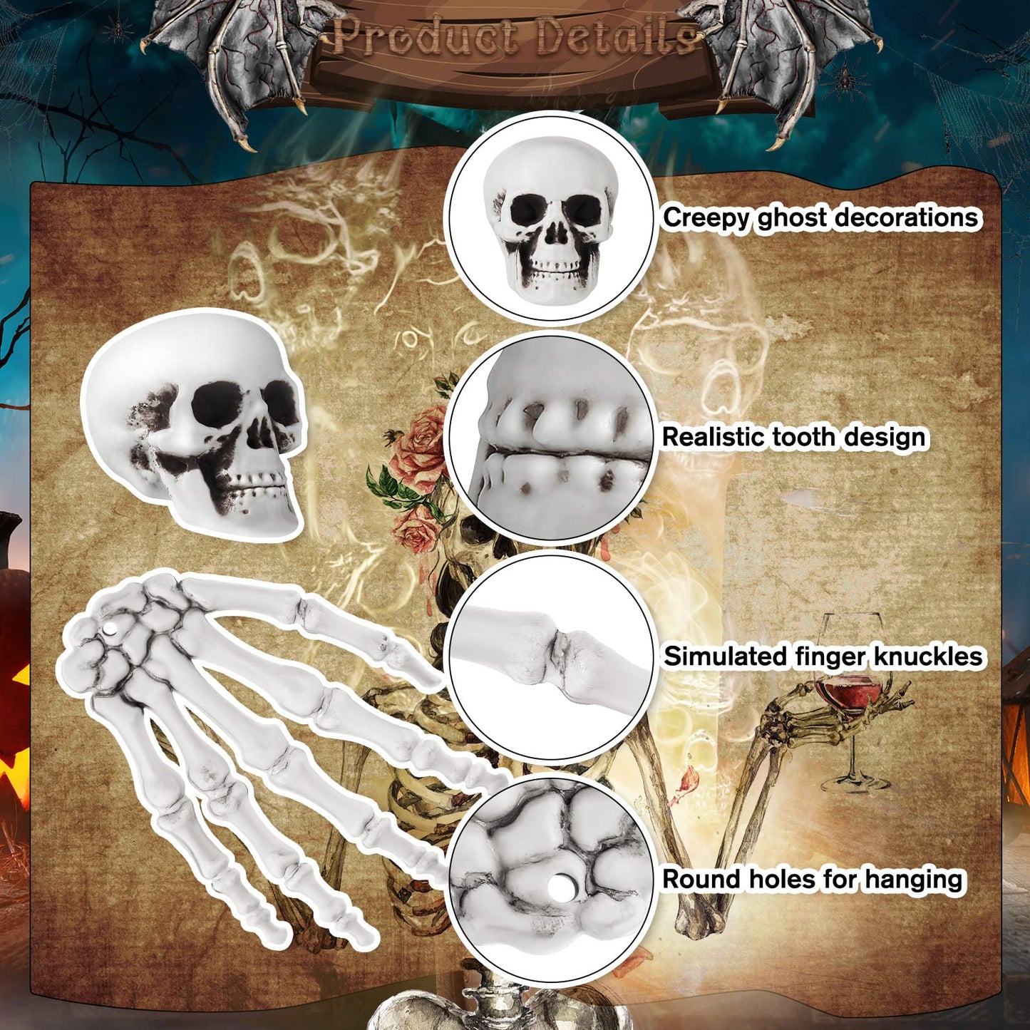 Ferraycle 16 Pieces Halloween Decoration Set Includes 10 Mini Skull Heads and 4 Skeleton Hands Realistic Looking Skulls Plastic Fake Craft Human Hands for Halloween Party Decor Props