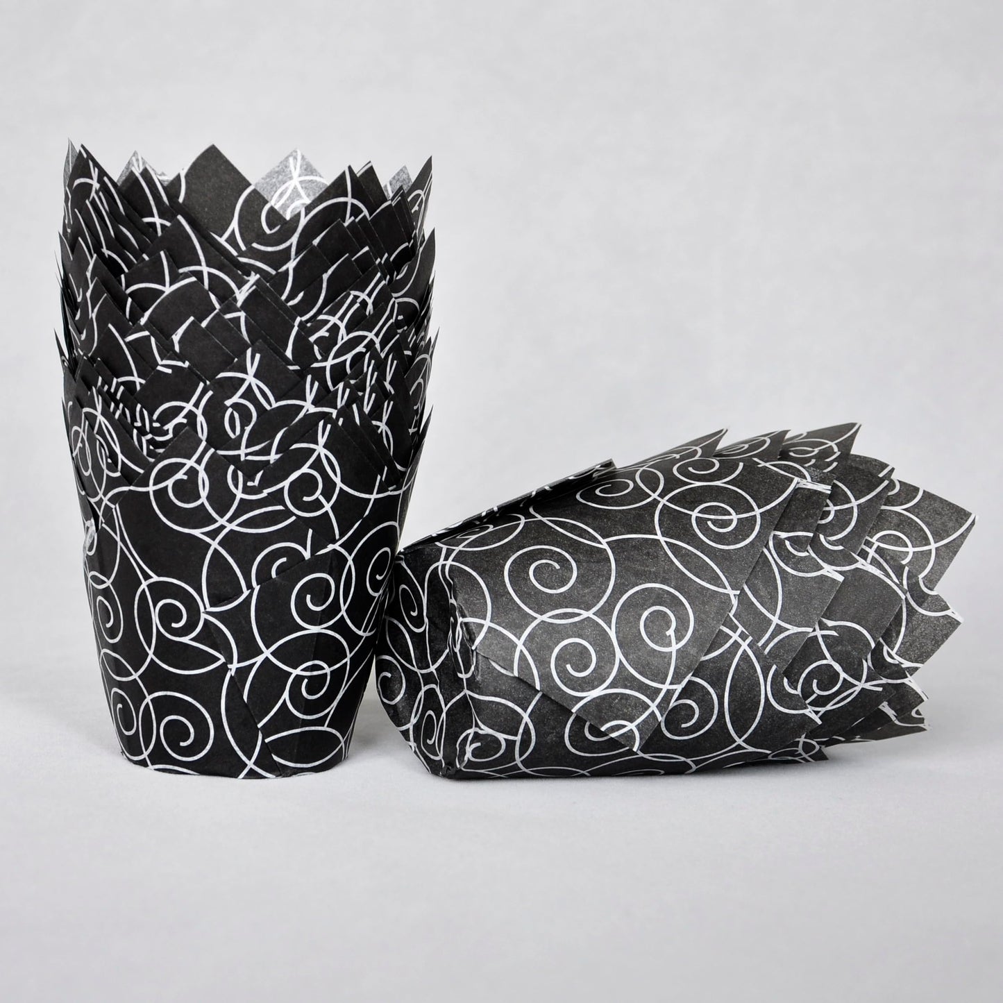 QLSmypkg Muffin Greaseproof paper Baking cupcake cups, 2"(Bottom diameter) x 3-1/2"(Height) Black Fancy Floral Print Tulip Baking Cup Case of 125 pcs (125, Standard)