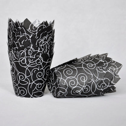 QLSmypkg Muffin Greaseproof paper Baking cupcake cups, 2"(Bottom diameter) x 3-1/2"(Height) Black Fancy Floral Print Tulip Baking Cup Case of 125 pcs (125, Standard)