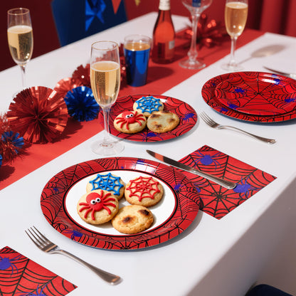 Watch Me Fly 75pcs Spider Party Supplies - Disposable Spider Web Paper Plates & Napkins (25pcs 9" & 7" Plates, 25pcs Napkins) for Birthdays, Halloween, Birthday, and Parties Decoration