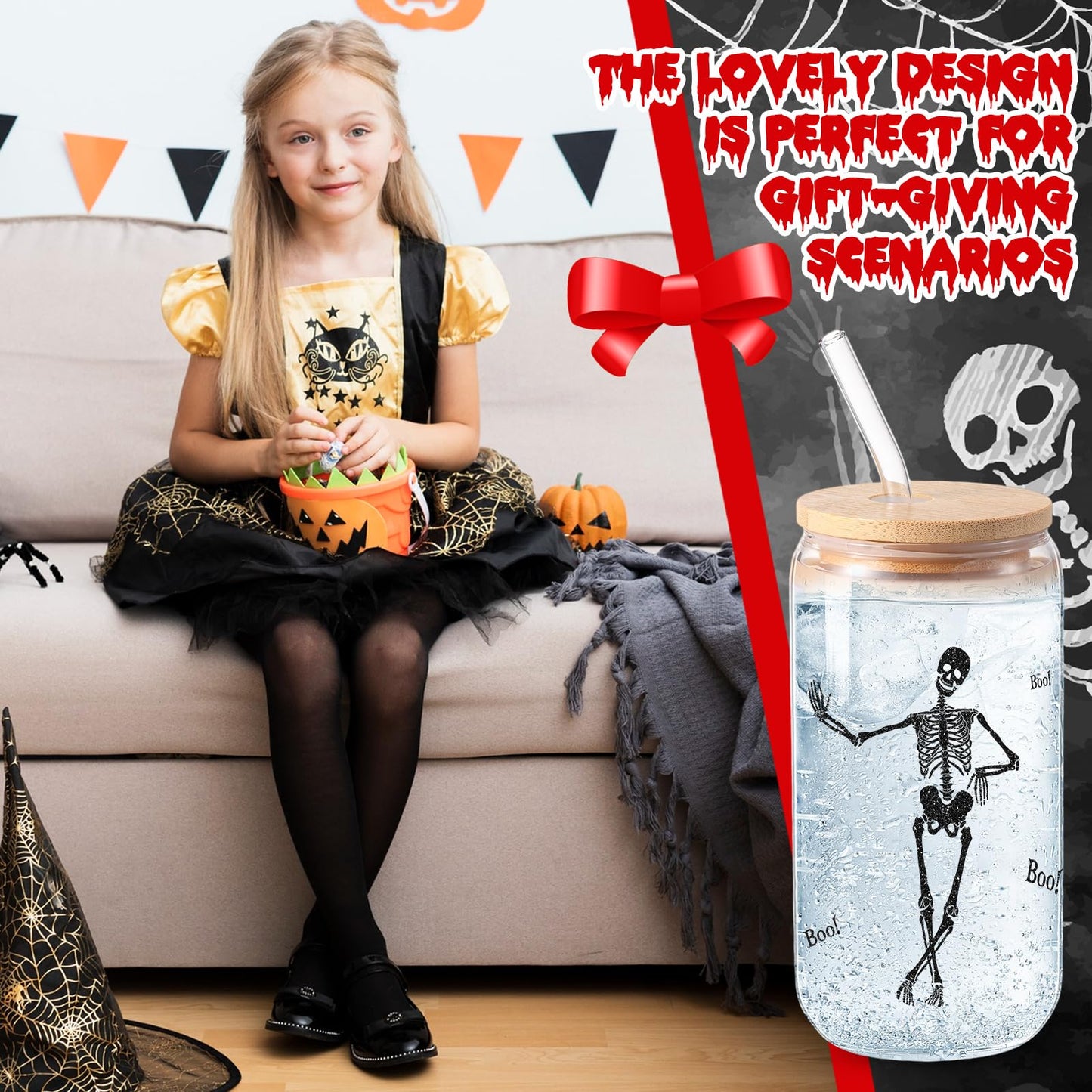 Zhehao Set of 2 16 oz Summer Halloween Skeleton Glass Cups with Lids Straws and Cleaning Brush, Skeleton Iced Coffee Cup Drinking Glasses Tumbler for Halloween Gifts Boo Basket Stuffers