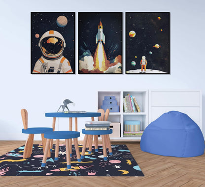 3Pcs Space Astronaut Wall art Cute Astronaut Canvas Nursery Galaxy Posters Modern Space Themed Print Rocket Pictures Toddler Boy Room Wall Decor for Adventure Kids Bedroom Nursery Room Unframed