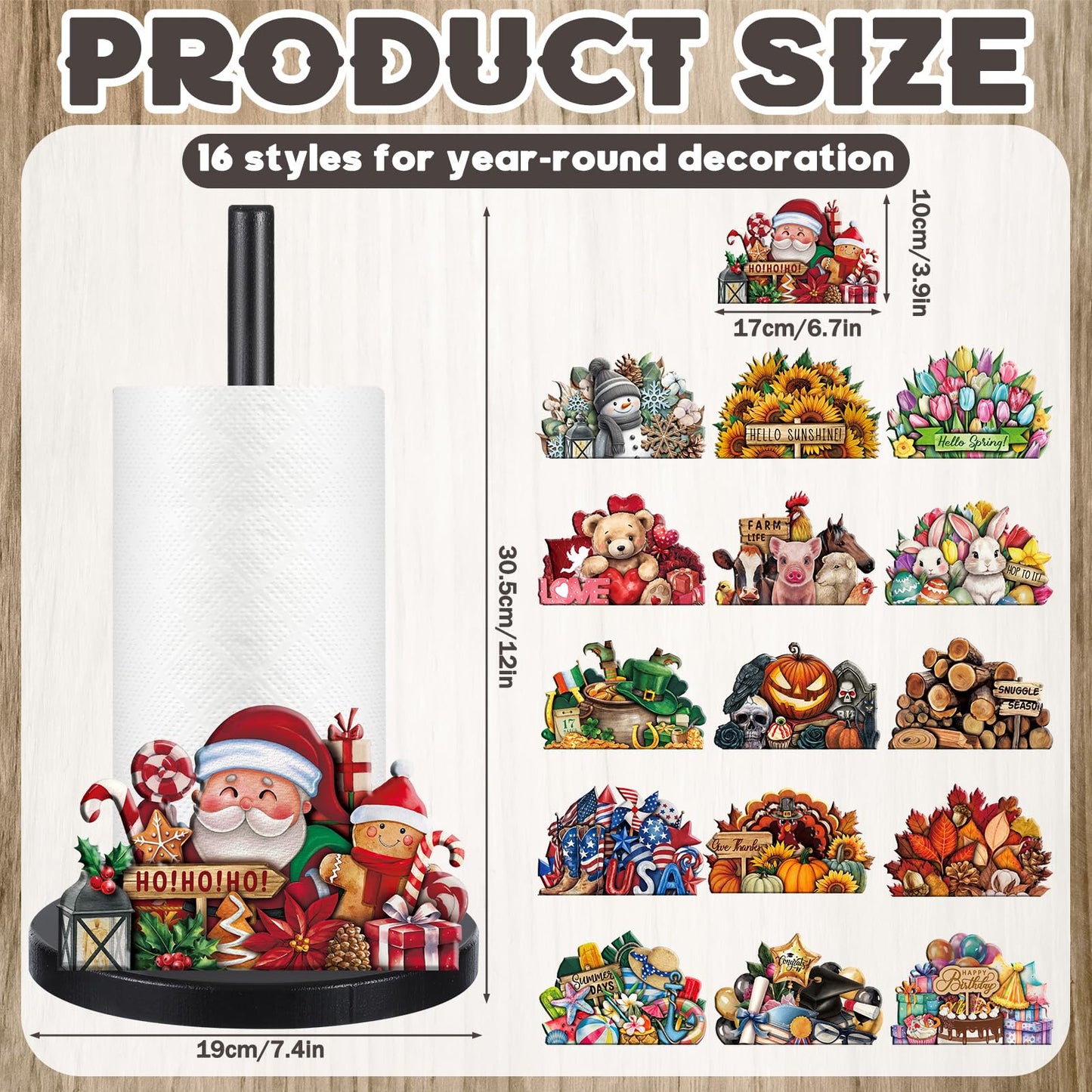LemonRoad 17 Pcs 4th of July Holiday Interchangeable Kitchen Paper Towel Holder Wooden Fall Sunflower Seasonal Countertop Paper Towel Holder with Holiday Sign for Halloween Christmas Home(Fresh)