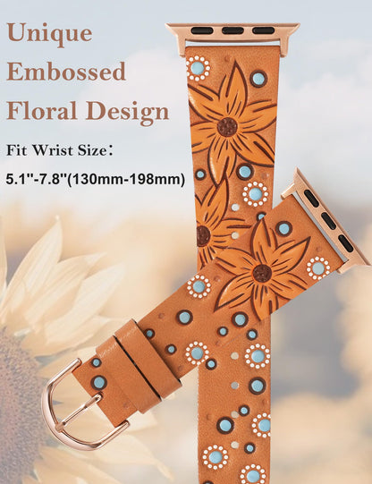 Minyee Leather Band Compatible with Apple Watch Band 41/40/38/44/45/46/49/42mm Women, Boho Western Embossed Sunflower Floral Designer Leather Strap for iWatch Series 11 10 9 8 7 6 5 4 SE/Ultra 3 2 1