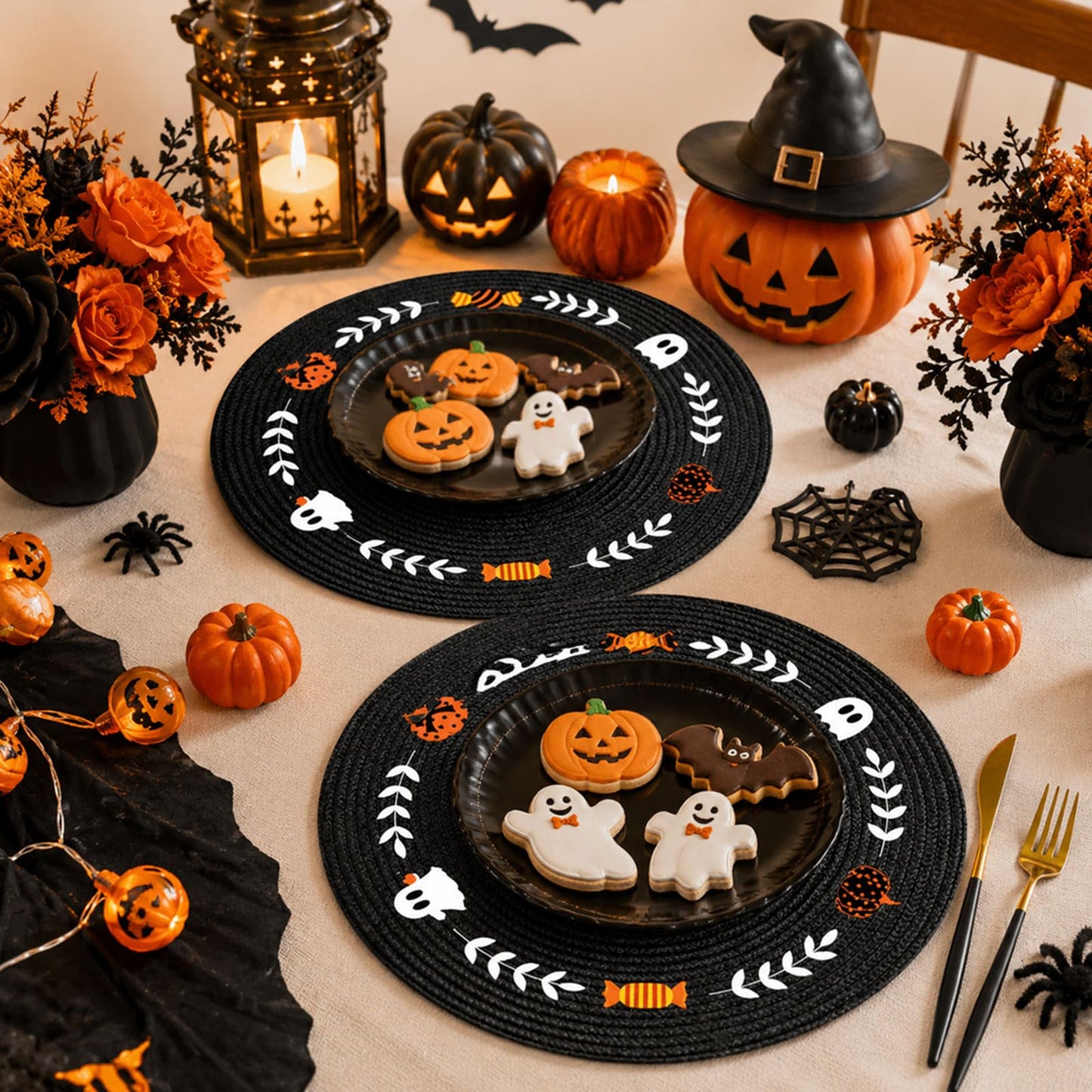 Whaline 4 Pcs Round Halloween Placemats Embroidered Place Mats Spooky Ghost Pumpkin Candy Dinner Table Mats for Home Halloween Trick or Treat Party Table Decor