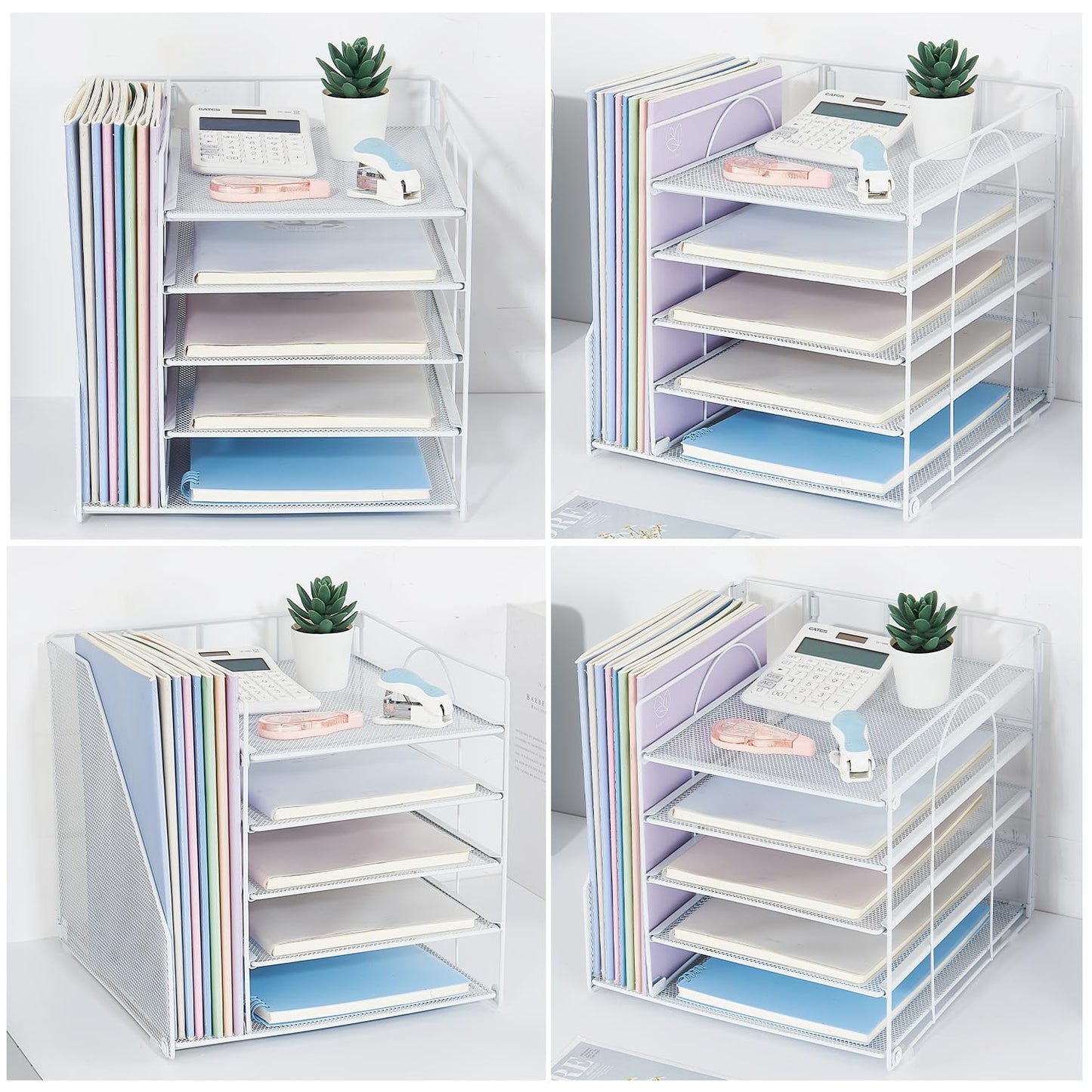 LEKETREE Desk Organizers and Accessories, 5-Tier Paper Letter Tray Organizer with File Holder, Desktop Organizer for Office Supplies (White)