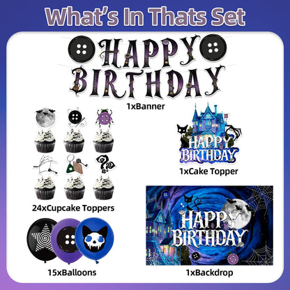 42Pcs Button Party Halloween Night Birthday Party Decorations Includes Cake Toppers,Cupcake Toppers, Banner, Backdrop, Balloons Halloween Party Supplies
