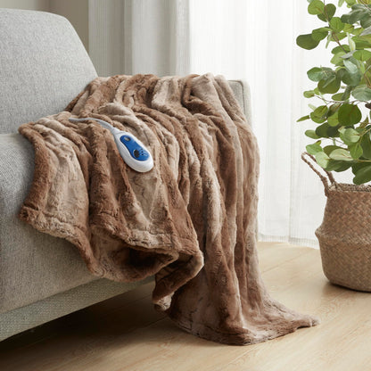 Beautyrest Zuri Reversible Faux Fur to Mink Electric Blanket, Auto Shut Off, Virtually Zero EMF, Multi Heat Setting, UL Certified, Machine Washable, Natural Marble Throw 50x70