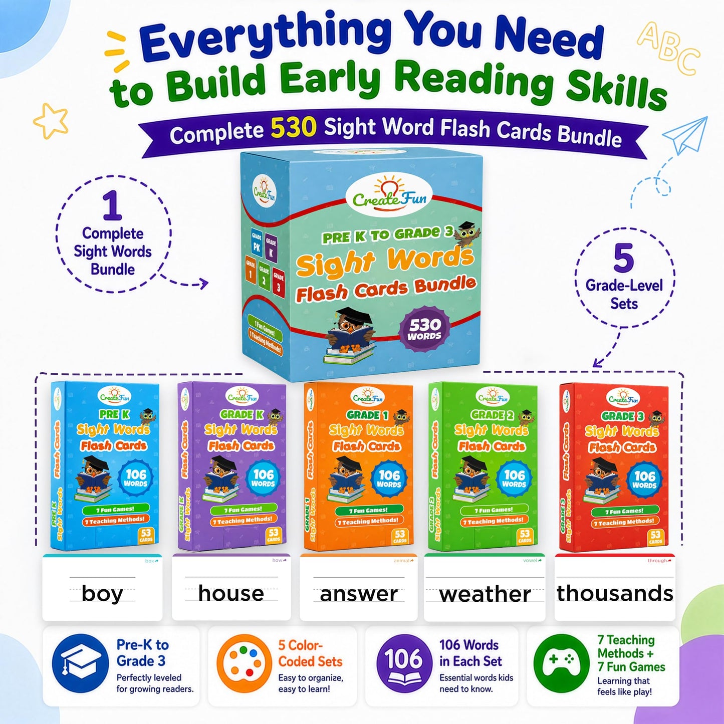 530 Sight Words Flash Cards for Kids Ages 3-9 Covers Pre K, Kindergarten, 1st, 2nd and 3rd Grade with 7 Educational Game Ideas - Homeschool Supplies Reading Tools for Kids