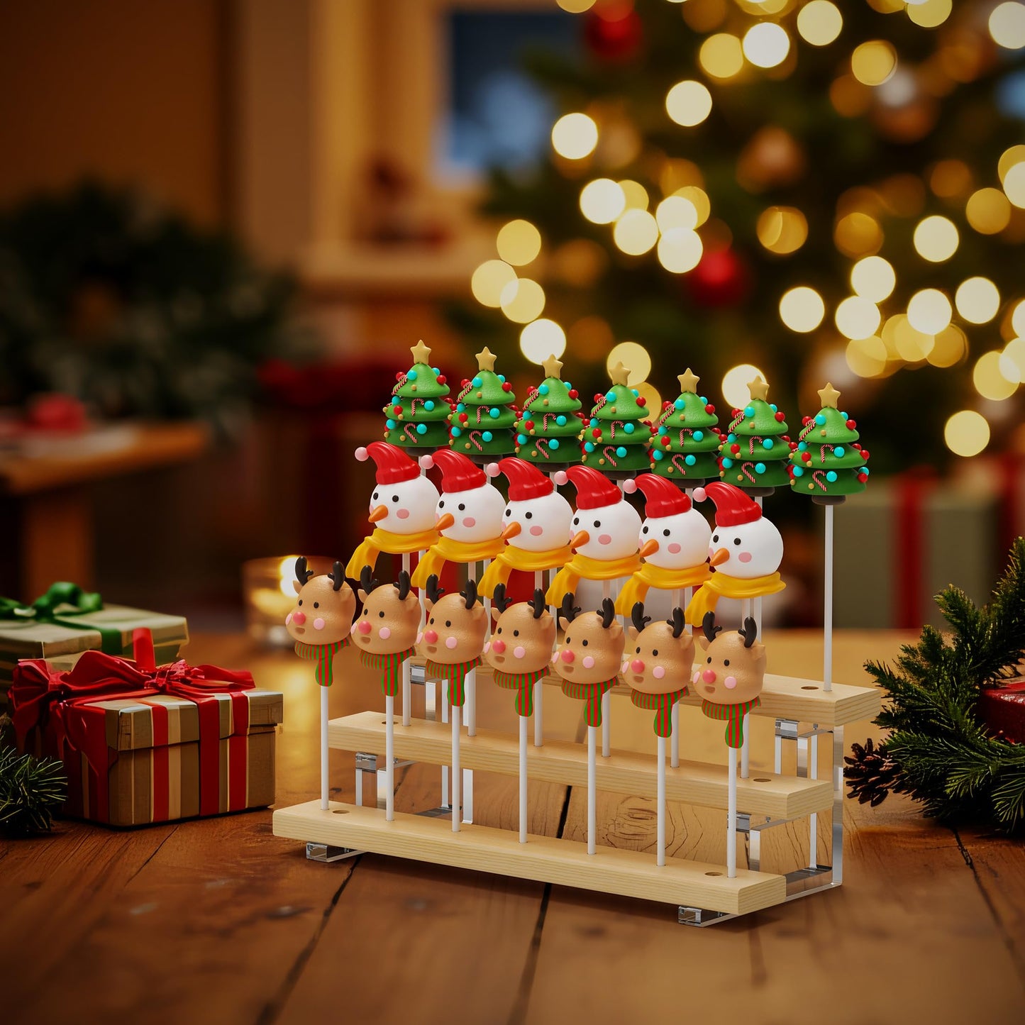 DEMEGA Cake Pop Stand Display Riser - 3 Tier Wood Lollipop Holder, 20 Holes Acrylic Pine Wood Candy Pop Holder Display for Dessert Table Weddings Birthday Parties Halloween Candy Decorative