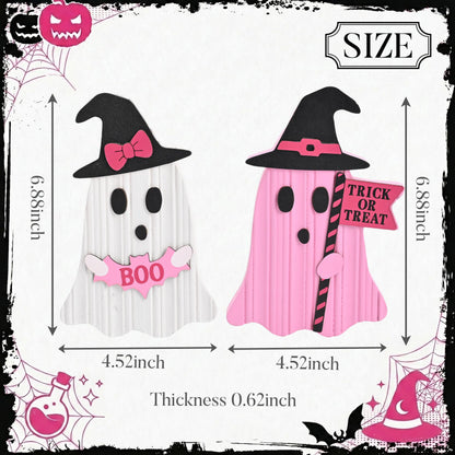 Valery Madelyn Pink Halloween Decorations, Set of 2 Cute Halloween Ghost Decor, Witch Hat Boo & Trick or Treat Wooden Tabletop Signs for Home, Shelf, Tiered Tray Party Display, 7 Inch