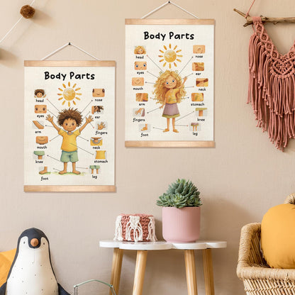 HEYJEEPER Body Parts Learning Posters Set of 2,Linen Educational Wall Art with Wood Hanger, Cute Girl & Boy Body Parts Charts for Toddlers Preschool Classroom Playroom Nursery Decor,18.5x14 Inch