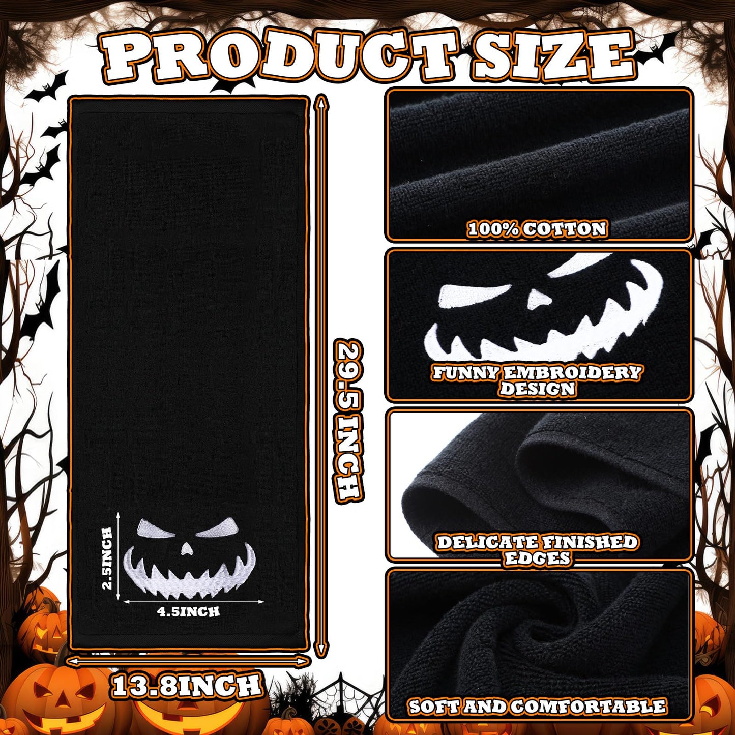 Fanfanwin 3 Pcs Halloween Bath Hand Towels 13.7 x 29.5 Inch Embroidered Decorative Hand Towel Kitchen Towels 100% Cotton Towel Decor for Holiday Bathroom(Black,Pumpkin)