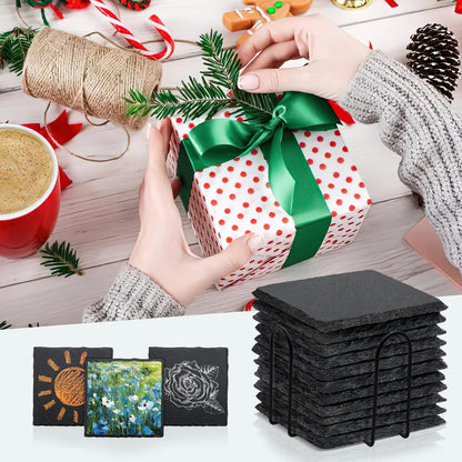 4 PCS Square Slate Drink Coasters Set, SIJDIEE 4 Inch Laser Engraving Black Slate Stone Coasters with Anti-Scratch Bottom and Coaster Holder for Office Bar Kitchen Home Dinner Table Decor Supplies