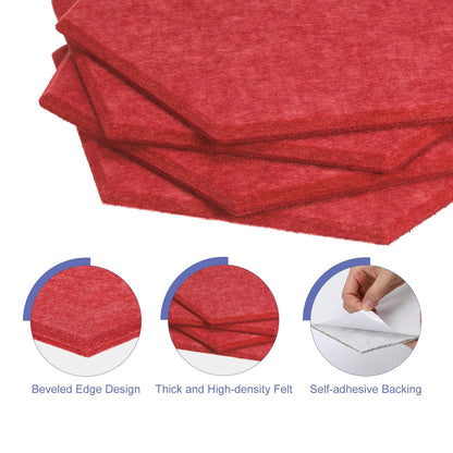 PATIKIL Felt Bulletin Board, 12"x10", 6 Packs Self Adhesive Hexagon Felt Tiles for Sound Proofing Wall Panels for Home Office Recording Studio,Game Room, Red