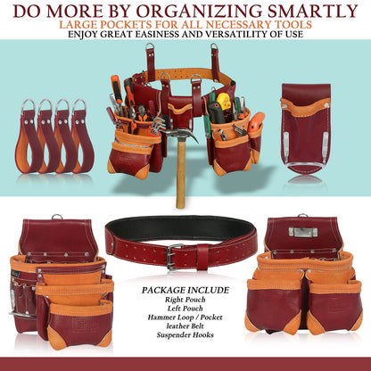 TRUTUCH Grain Leather Tool Belt | Tool Rig Set | Tool Pouch | Drywall | Carpenter Tool Bag | Leather Tool Belts for Men | Construction | Framers | Electrician (Maroon)