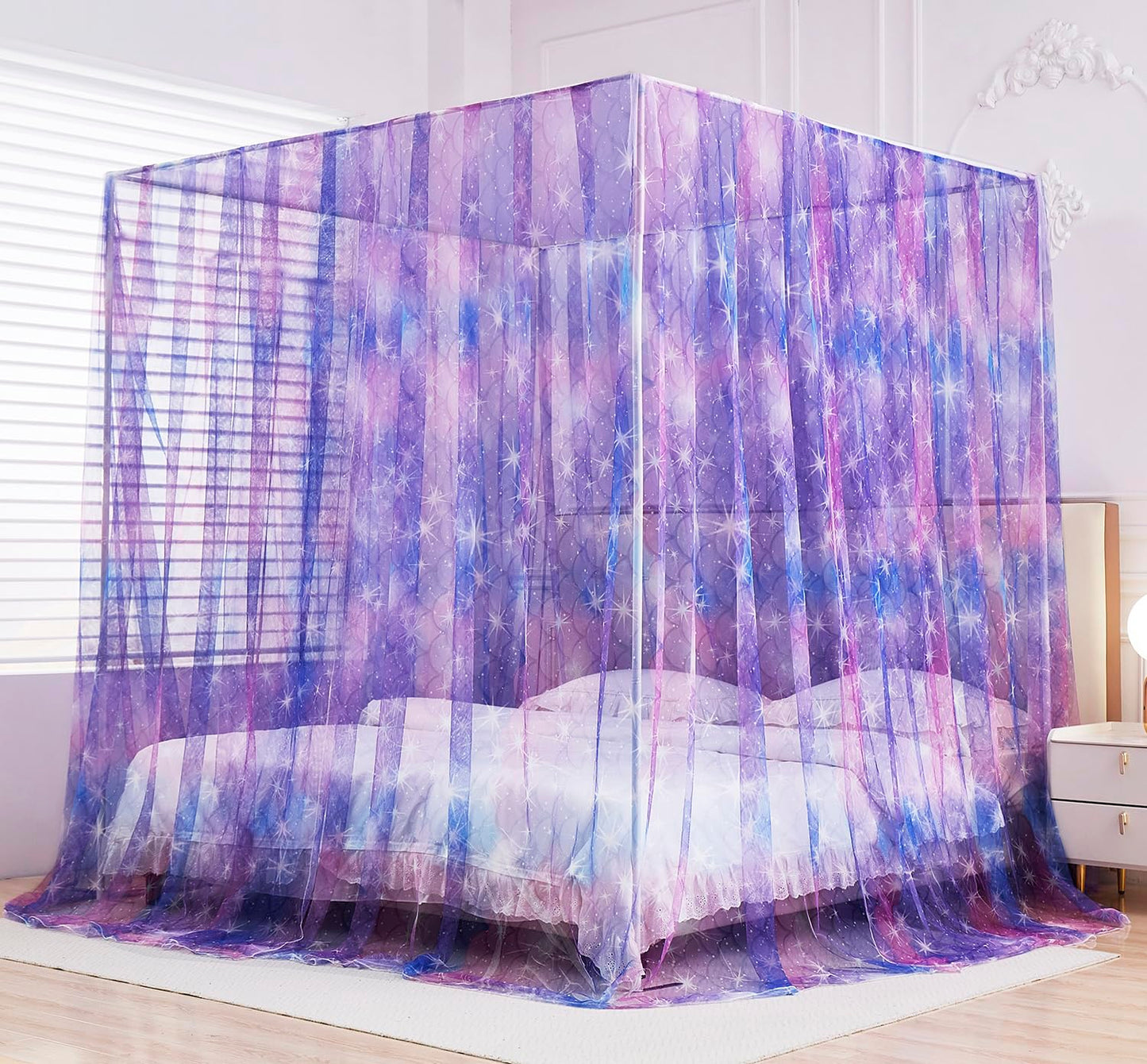 Mengersi Tie Dye Canopy Bed Curtains with Lights,Gradient Ombre Bed Canopy for Girls,Canopy for Bed Princess Bed Drapes for Girls Room Decor(Twin,Purple)