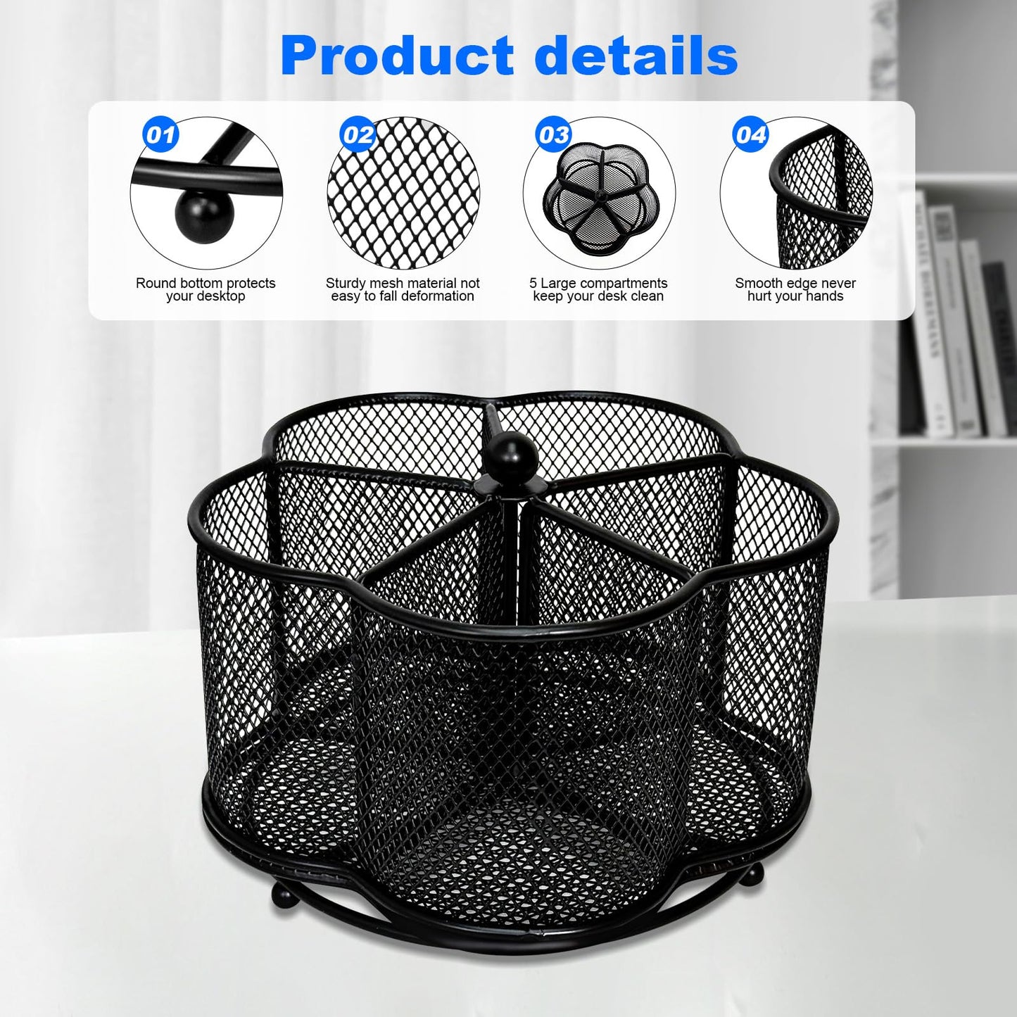 PNEUICALLY 360 Degree Rotate Pen Holder for Desk Mesh Desk Pen Organizer Pencil Holder Large Capacity Accessories & Workspace Organizers for School,Home (Black, No hook)