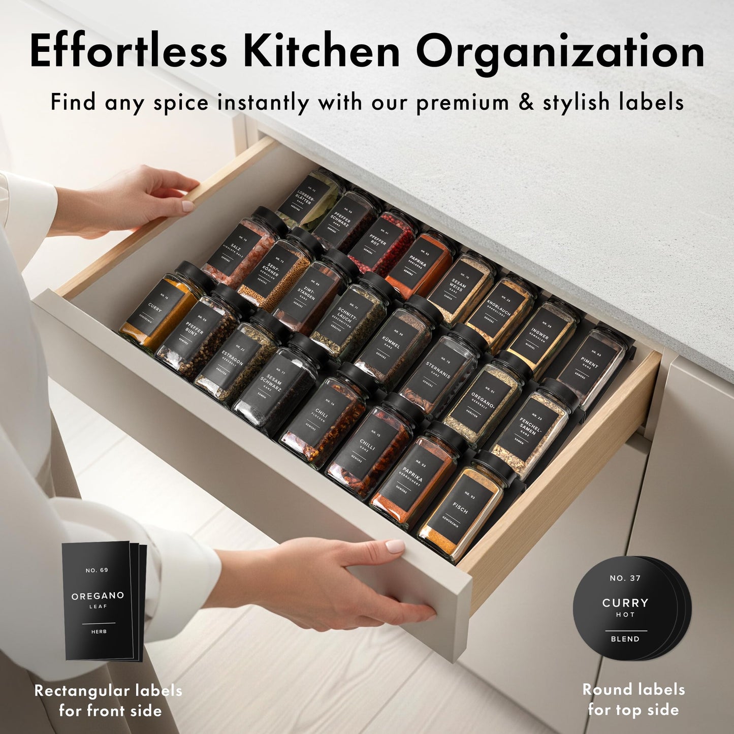 EDELHAUS Glass Spice Jars with Label and Black Lids (24 x 4oz) Spice Containers with 240 Labels, Shaker Inserts, Steel Funnel, Empty Square Seasoning Organizer for Spice Rack, Cabinet, Drawer