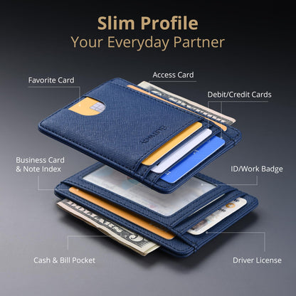Buffway Slim Minimalist Front Pocket RFID Blocking Leather Wallets for Men and Women - Cross Blue