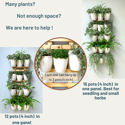 ShopLaLa Bundle- 5 Pack Set Wooden Plant Holder + 10 Pack, 4 Inch White Self Watering Plastic Pots Hydroponic Living Wall Mount Vertical Garden Systerm Rustic Farmhouse Home Shelves Ladder Stand Decor