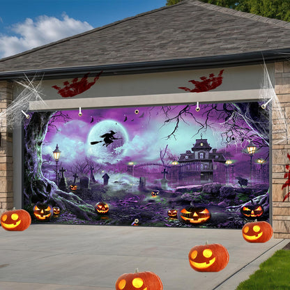 Avezano 6x13 ft Halloween Garage Door Banner Halloween Full Moon Scary Night Castle Pumpkins Garage Door Cover Backdrop Spooky Witch Cemetery Party Decorations (Purple)