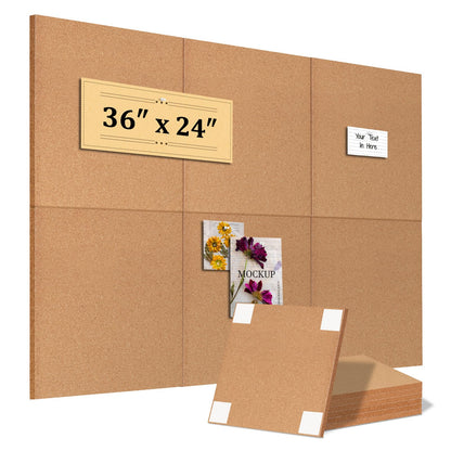 QUEENLINK Cork Board for Wall, 36"x24", 6-Pack Cork Tiles with Removable Adhesive Tabs, Square Bulletin Board Pin Board Tack Board for Home Office Classroom, 60 Push Pins