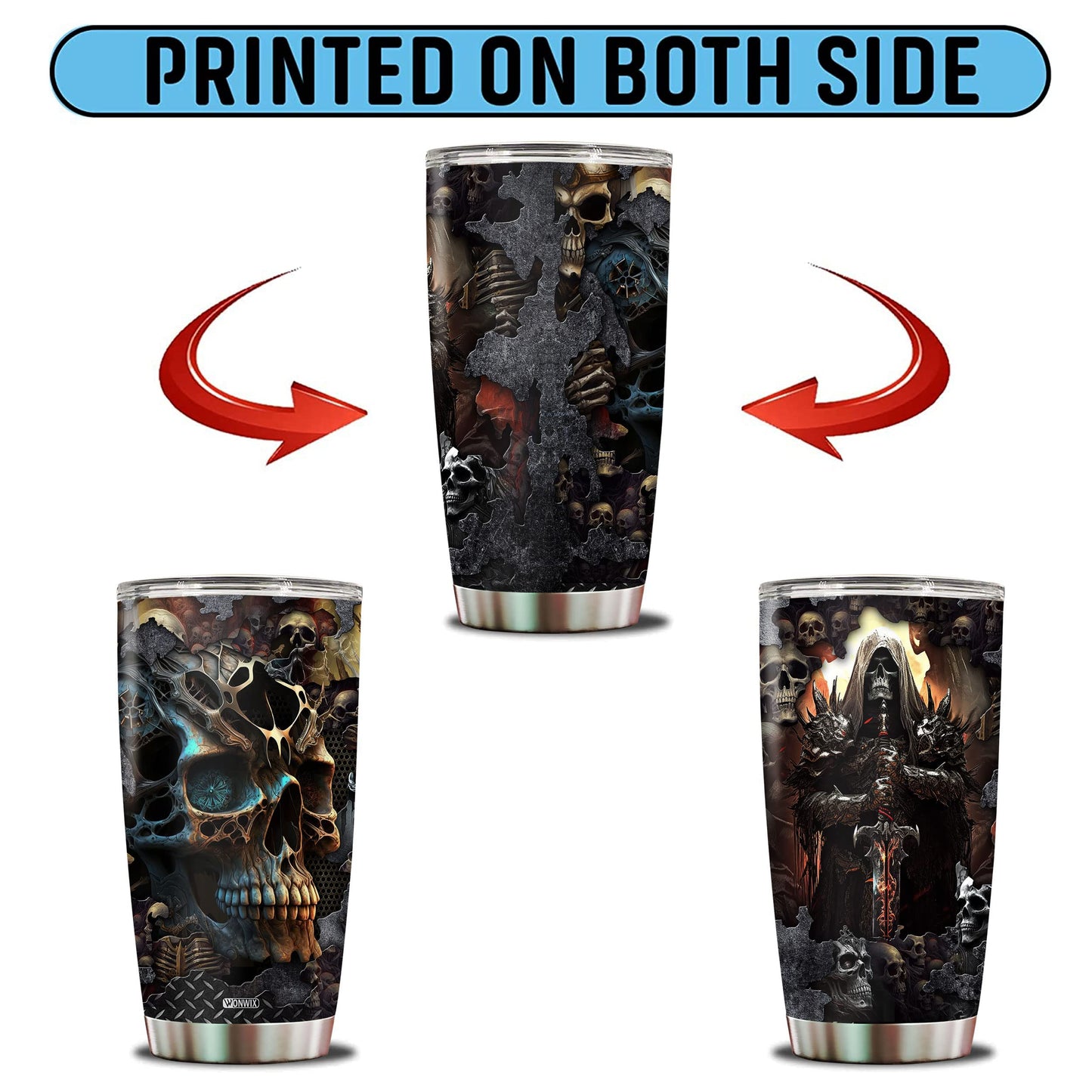 WONWIX Skull Tumbler, Birthday Gifts For Men Who Love Skulls Coffee Mug Cup Christmas Valentine Gift Water Bottle Black Tumblers 20oz Stainless Steel Travel Cups With Lid