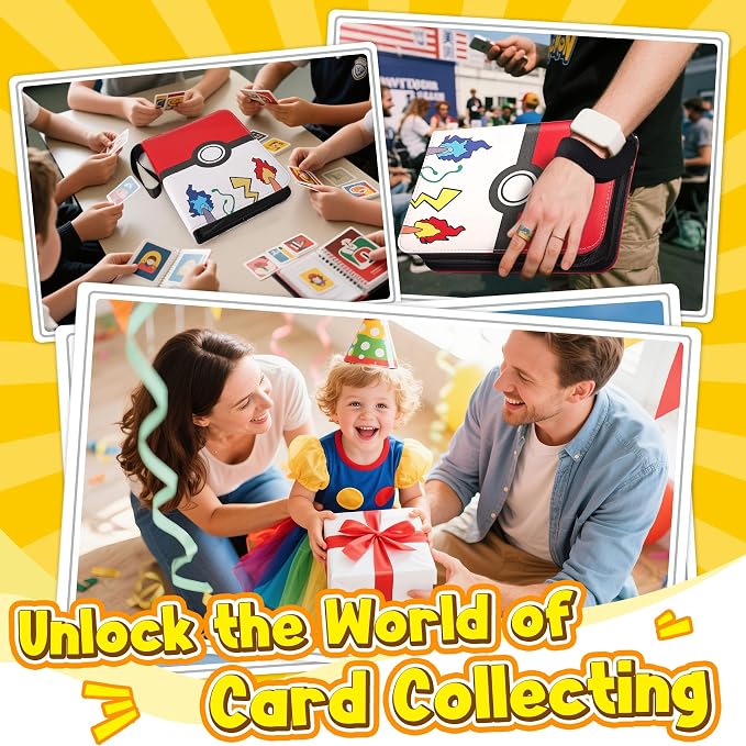 Card Binder – 9 Pocket Zipper Collection Album, Premium PU Holder, Double-Sided Display for 900 Cards, Includes 5 Hard Plastic Sleeves for Game Cards, Sports Cards（Cartoon Stickers）