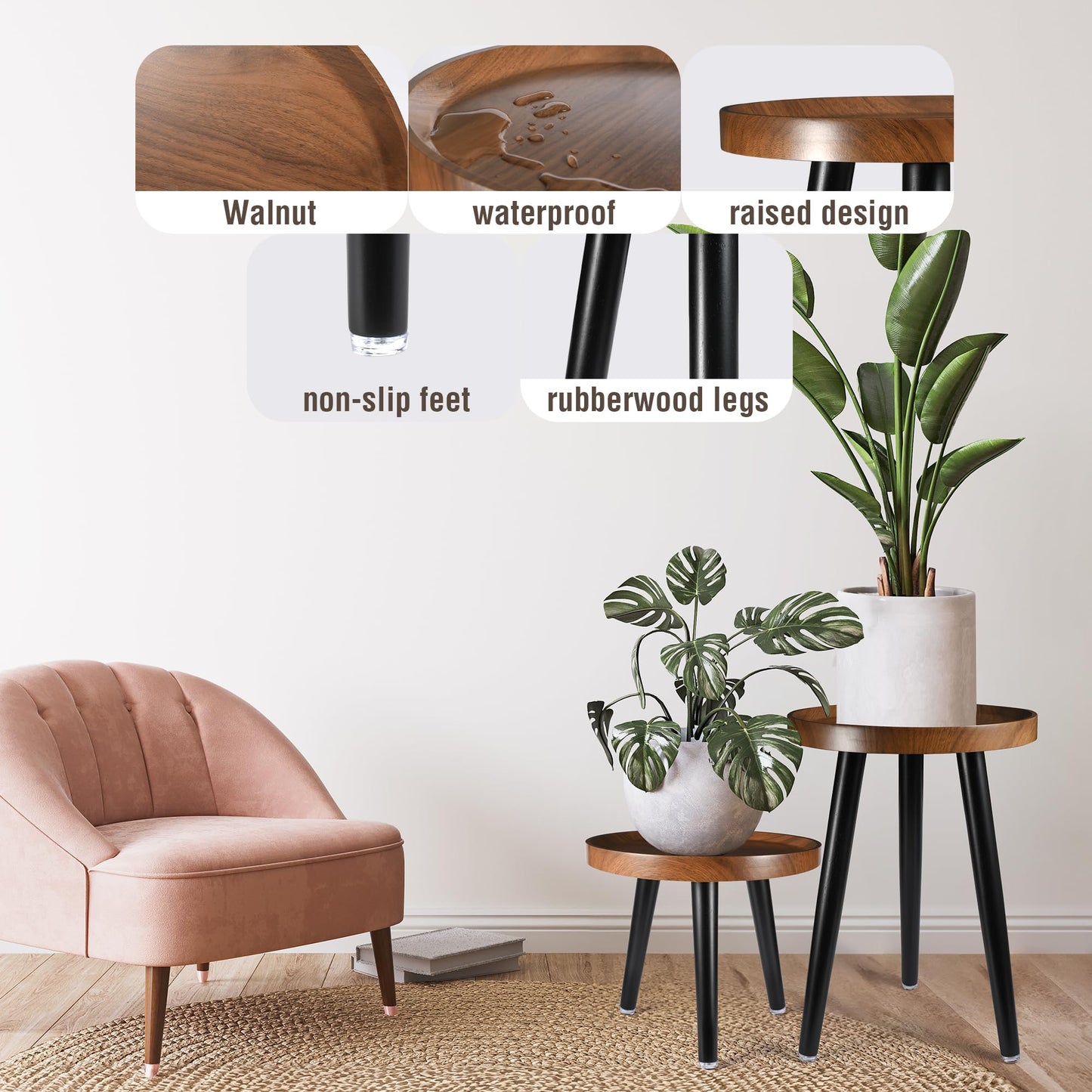 KGPLOME Indoor Plant Stand,Wood Mid Century Plant Table in Walnut Finish,Tall Plant Stand for Flower Pot,Modern Round Small Side End Table with Raised Design (Walnut, 12"x10.8")