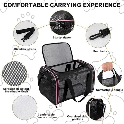 Cat Carrier Soft-Sided Dog Pet Carrier Pets Travel Carriers for Big Cats Small Dogs Mesh Puppy Carry Bag,TSA Airline Up to 16 Lbs (Pink, 17 * 11 * 11)