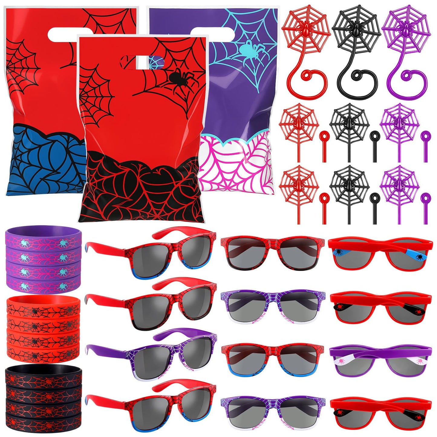 Soulchen 96 Pieces Spiderweb Birthday Party Decoration Set Spiderweb Gift Bags Spider Silicone Bracelet Sunglasses Cobweb Sticky Hands Toys for Birthday Party Supplies Favors (Vibrant)