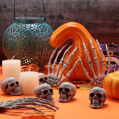 8 Pieces Halloween Decoration Set Includes 4 Halloween Mini Skulls Realistic Looking Skulls and 4 Skeleton Hands Plastic Fake Human Hands for Decoration