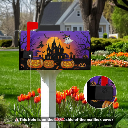 Halloween Night Ghost Mailbox Covers Bat Castle Spooky Pumpkin Lanterns Mailbox Post Cover Letter Box for Garden Standard Size 21x18 in for Yard Home Decor