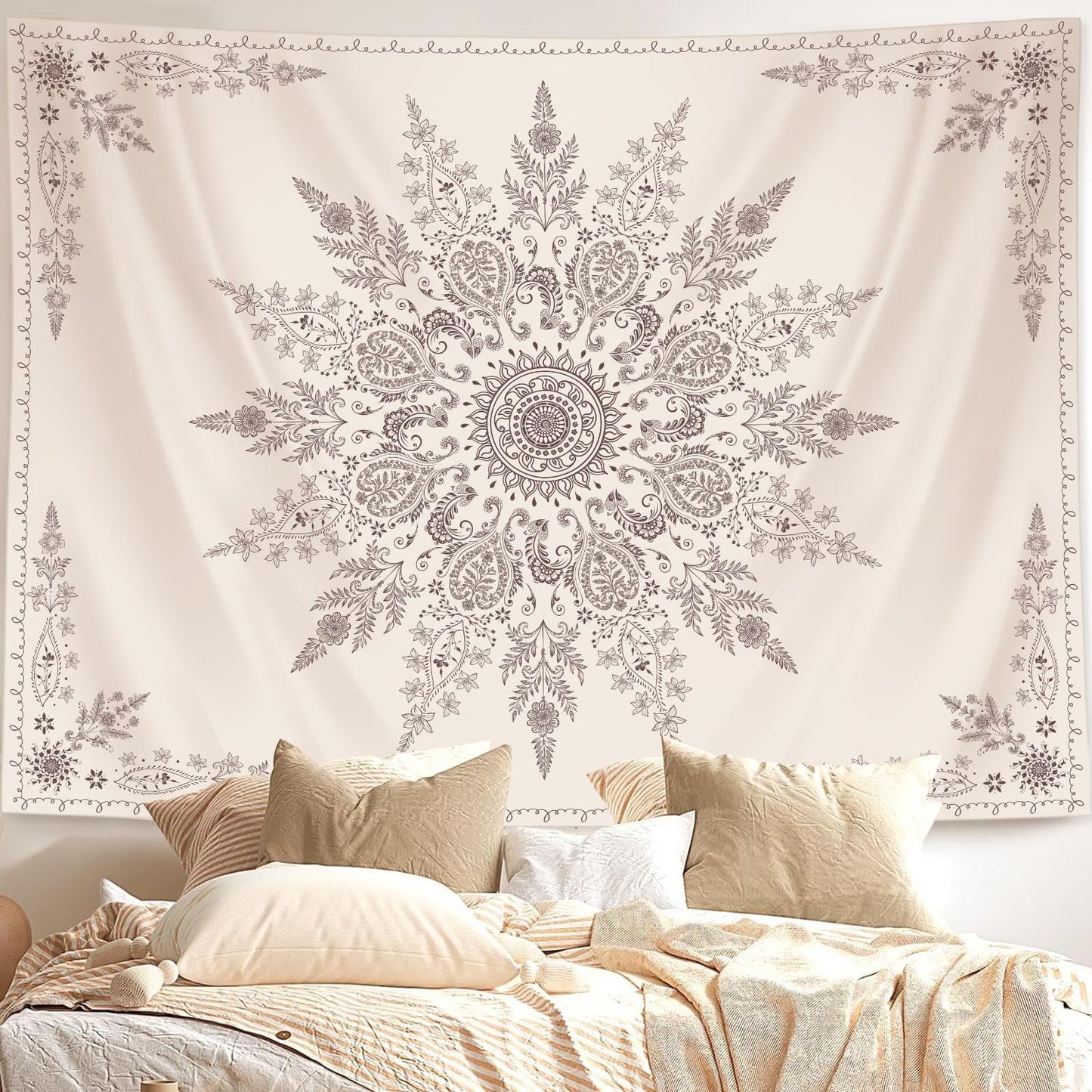 Lunerfex Boho Floral Tapestry Mandala Wall Tapestry, Cute Tapestries for Bedroom Beige Flower Tapestries Wall Hanging for Bedroom Living Room Decor Beige-2 70"x90"