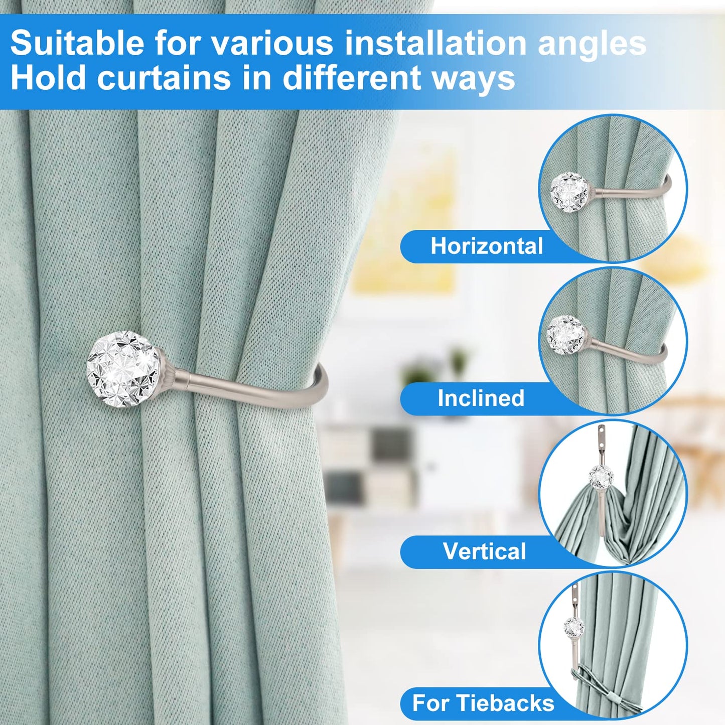 gobutend Curtain Holdbacks, 4 pcs Curtain Tiebacks Hooks for Drapes with Clear Crystal Ball, Wall Mounted Window Curtain Holder for Home Decor, Silver