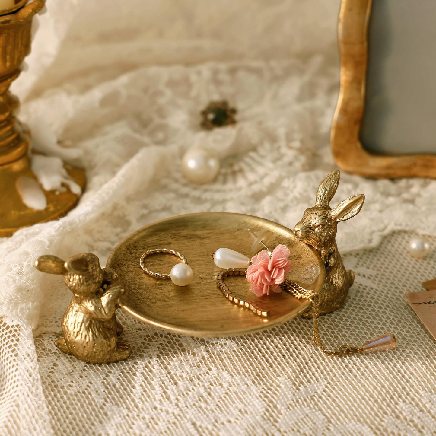 NIKKY HOME Gold Jewelry Tray, Vintage Jewelry Dish Tray with Rabbits, Antique Ring Dish & for Women, Small Trinket Bowl for Vanity Bathroom