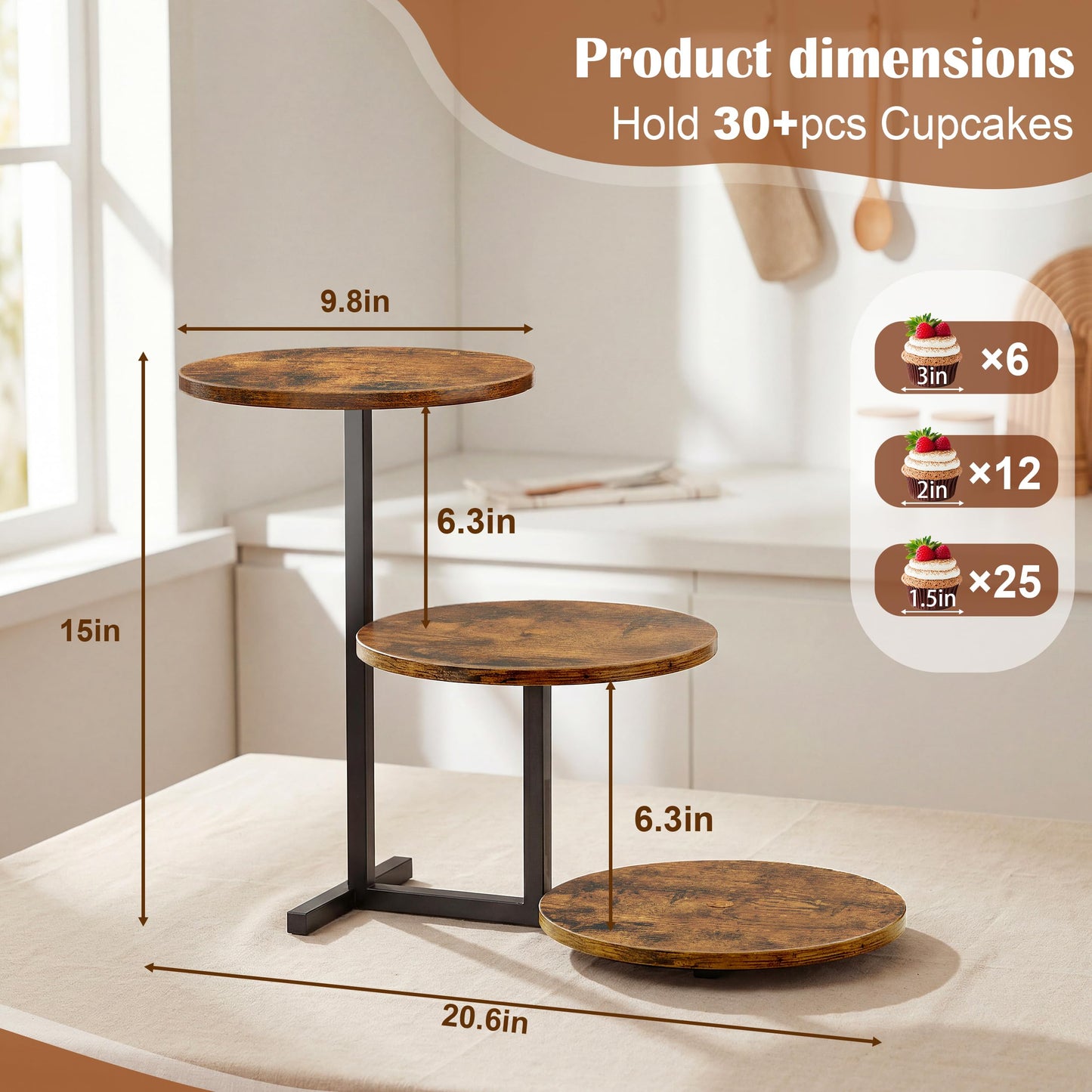 Emfogo 3 Tier Cupcake Tower Stand for 24 Cupcakes, Wooden Tiered Tray Stands, Display Cup Cake Dessert Tower for Party Afternoon Tea, Food Holder Stand for Baby Shower Wedding Birthday (1 Pack)