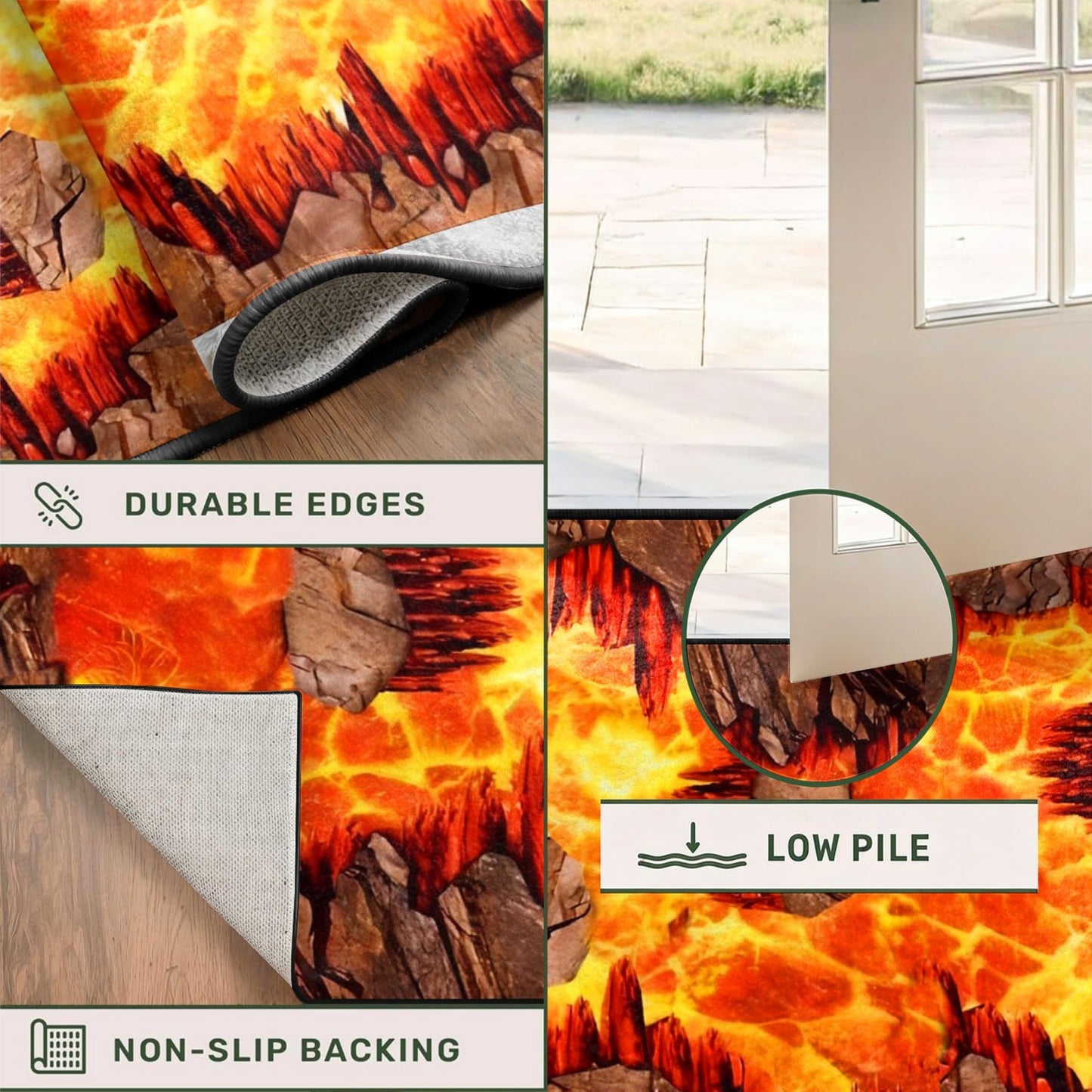 3D Optical Illusion Flame Runner Rug, 1.3x7ft, Abstract Lava Long Kitchen Rugs,Retro Rock Cracks Print Laundry Room Runner Rug, for Entryway Indoor Bedroom Runner Rugs