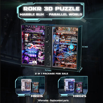 ROKR 2 in 1 Marble Run kit, 3D Plastic Puzzles for Adults, The Last City and The Future City Two Metal Models DIY Miniature Building Toy Kits, Gift for Women Men (Parallel World MRX01)