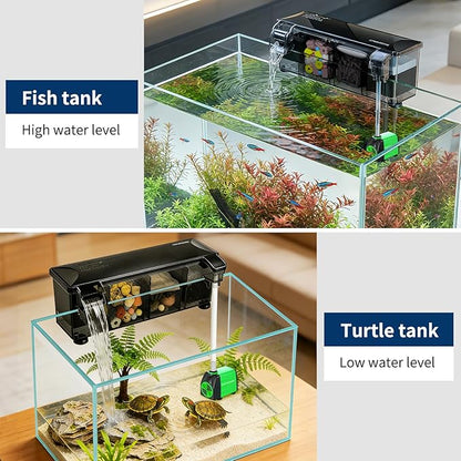 Hang-on-Back Aquarium Filter Box with Reusable Filter Media, Waterfall Oxygenation, Fits High & Low Water Level, for 10-20 Gallon Fish & Turtle Tank (Pump Not Included)