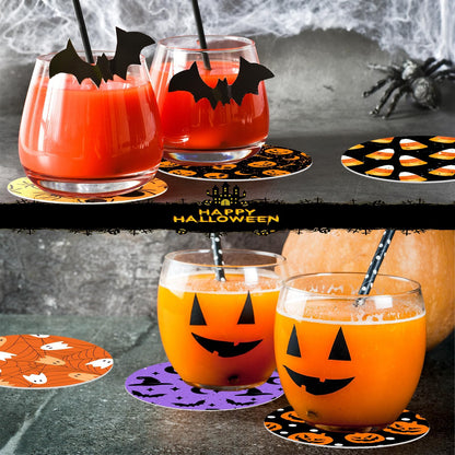 Denylo pro 120Pcs Halloween Disposable Paper Coasters 4 Inch Halloween Bat Spider Pumpkin Ghost Drink Paper Coaster for Halloween Home Kitchen Office Housewarming Party Table Decoration Supplies